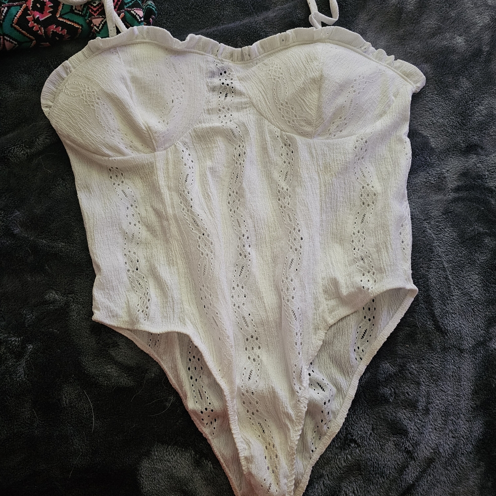 White Eyelet Bodysuit with Sweetheart Bust Tied Straps